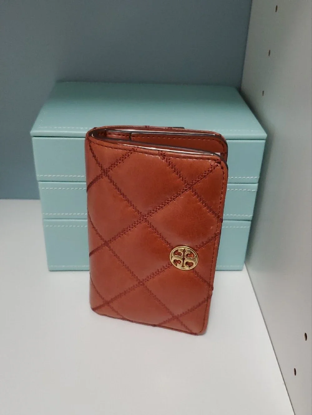 Tory Burch Quilted Cognac Leather Wallet with Gold Logo